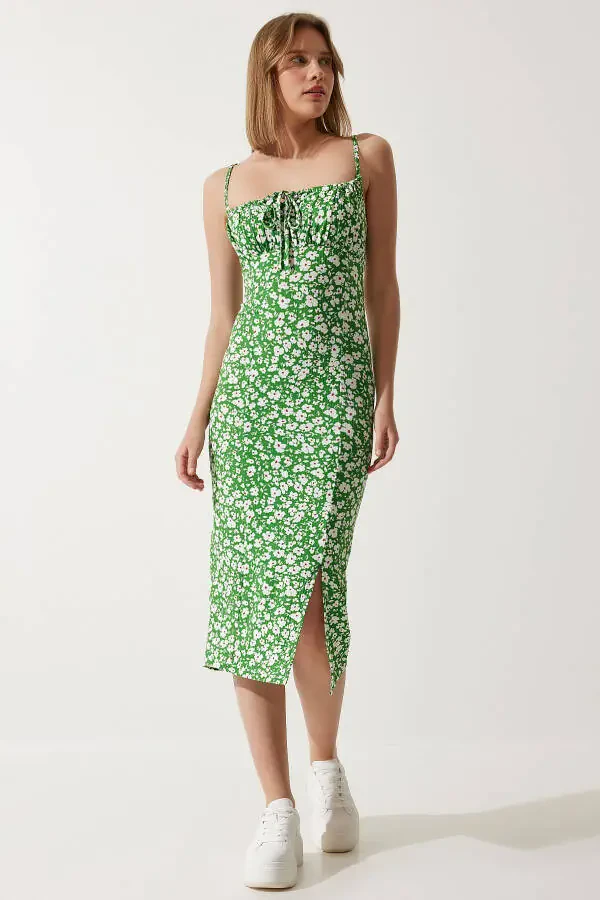 Women's Green Floral Print Summer Knit Dress with Slit CI00029 - 3