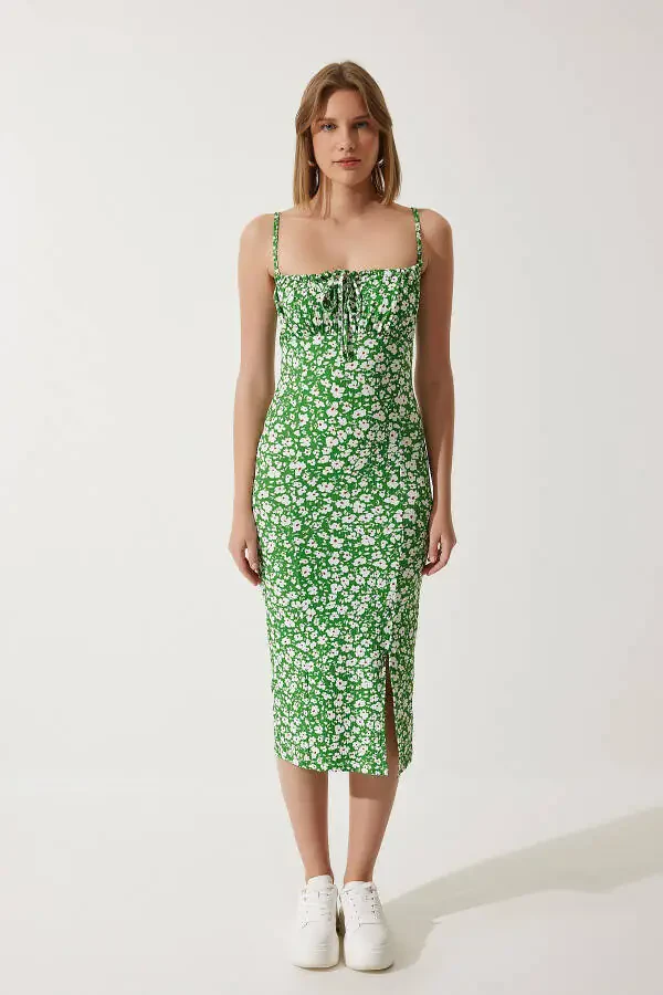 Women's Green Floral Print Summer Knit Dress with Slit CI00029 - 4