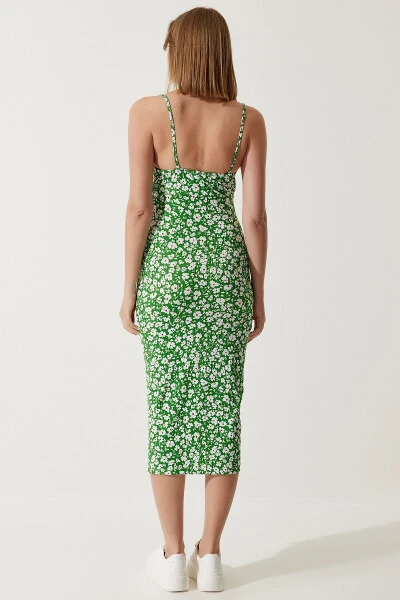 Women's Green Floral Print Summer Knit Dress with Slit CI00029 - 6