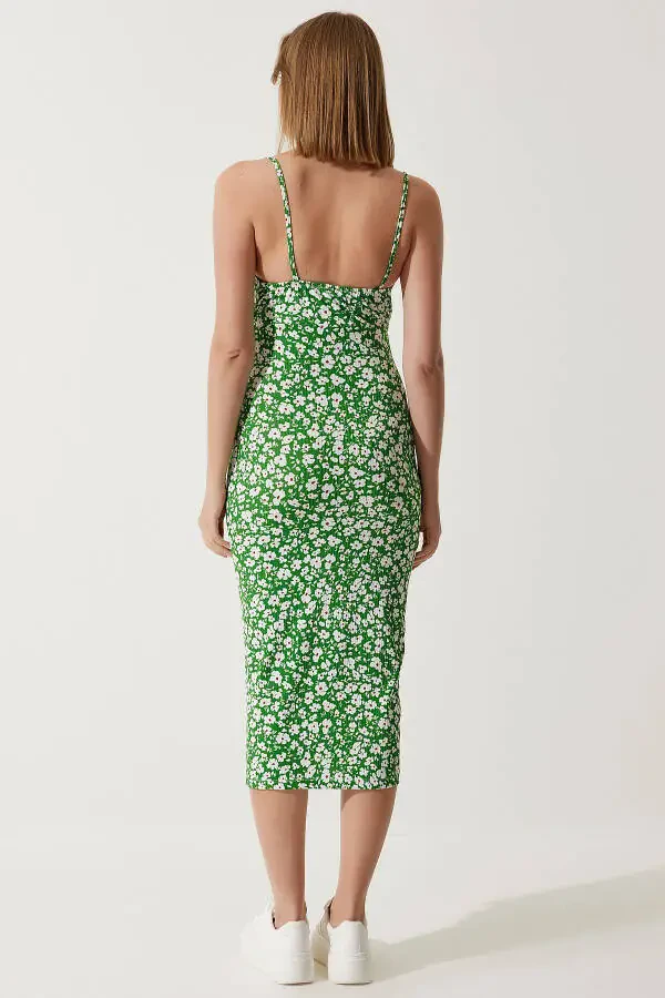Women's Green Floral Print Summer Knit Dress with Slit CI00029 - 6