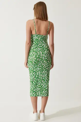 Women's Green Floral Print Summer Knit Dress with Slit CI00029 - 5