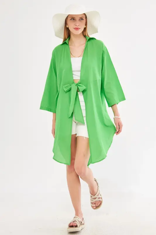 Women's Green Front-Tied Thin Linen Midi - 2