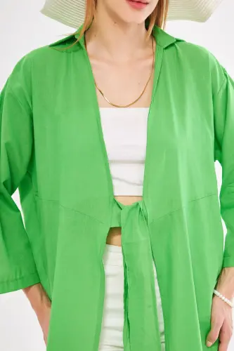 Women's Green Front-Tied Thin Linen Midi - 3