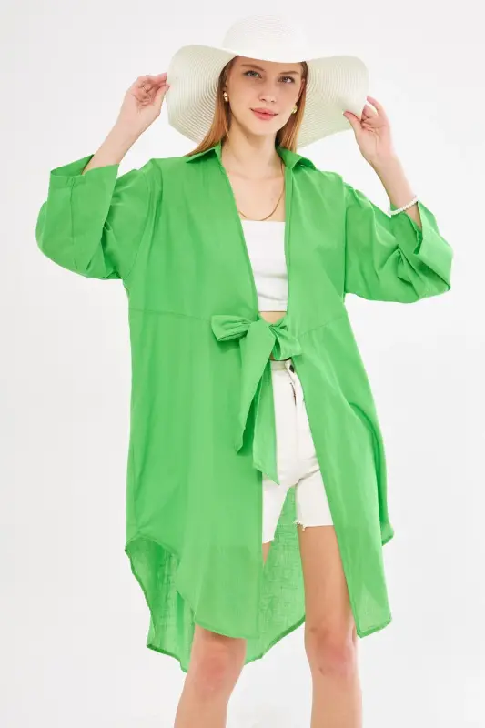 Women's Green Front-Tied Thin Linen Midi - 4