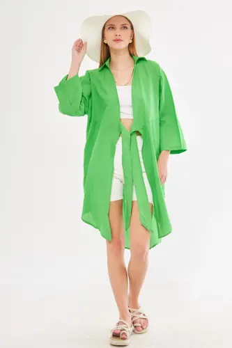 Women's Green Front-Tied Thin Linen Midi - 5