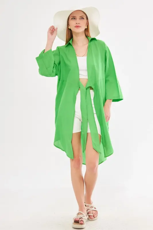 Women's Green Front-Tied Thin Linen Midi - 5