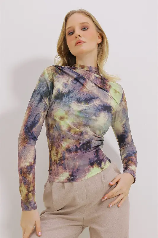 Women's Green High Neck Gathered Shoulder Draped Patterned Blouse ALC-X11131-GREEN - 1