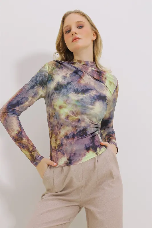 Women's Green High Neck Gathered Shoulder Draped Patterned Blouse ALC-X11131-GREEN - 5