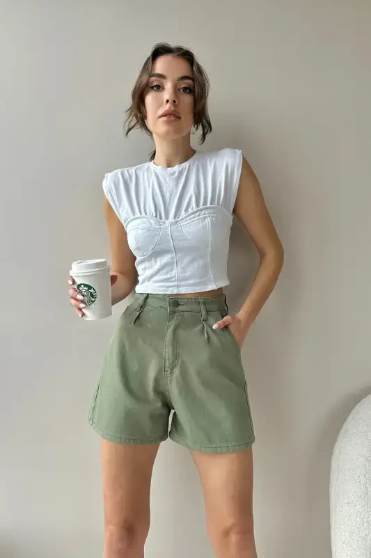 Women's Green High Waist Pleated Four Pocket Jean Shorts ALC-X9963-Green - 1
