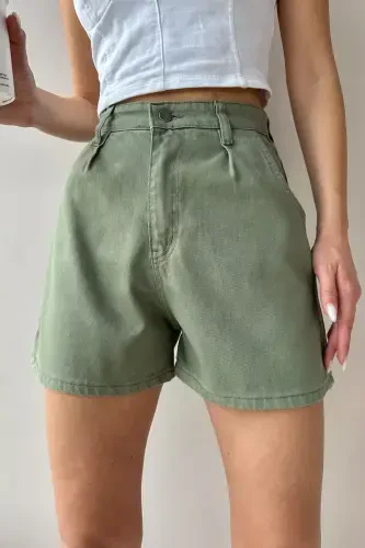 Women's Green High Waist Pleated Four Pocket Jean Shorts ALC-X9963-Green - TREND ALAÇATI STILI (1)