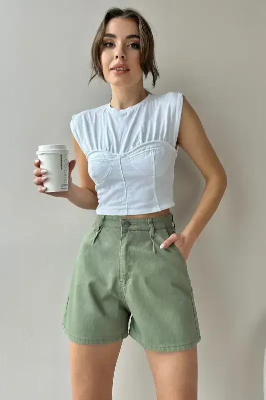 Women's Green High Waist Pleated Four Pocket Jean Shorts ALC-X9963-Green - 3