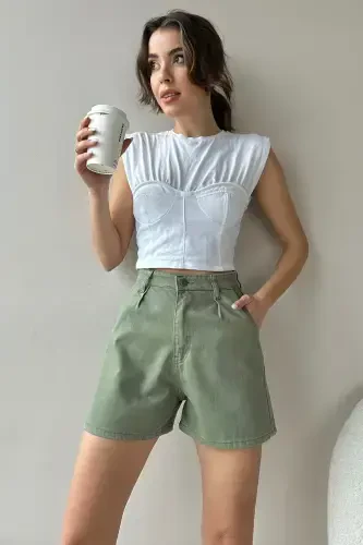 Women's Green High Waist Pleated Four Pocket Jean Shorts ALC-X9963-Green - 4