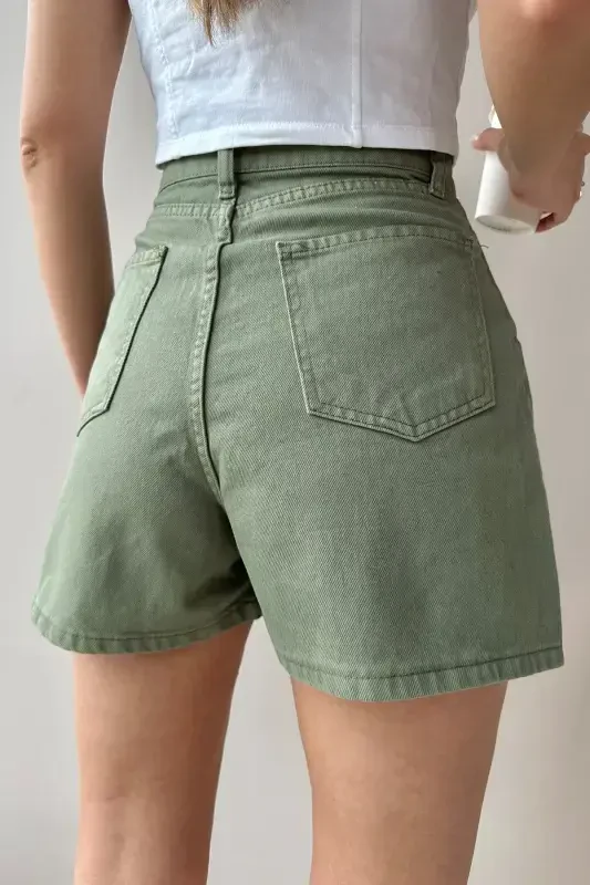 Women's Green High Waist Pleated Four Pocket Jean Shorts ALC-X9963-Green - 5