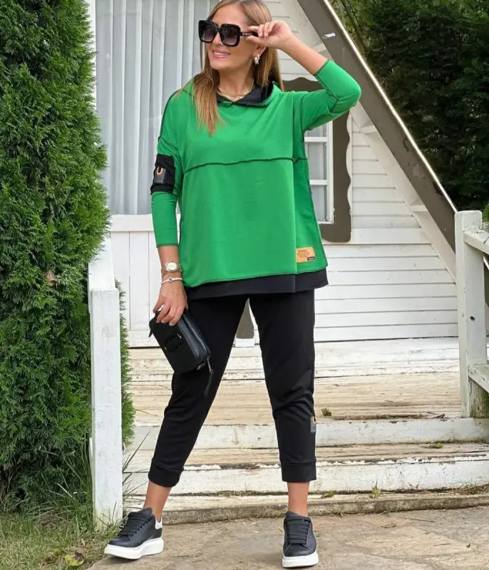 Women's Green Hooded Skirt Hem Detail Badge Two Piece Set - 1