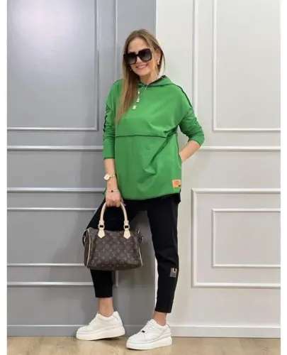 Women's Green Hooded Skirt Hem Detail Badge Two Piece Set - 3