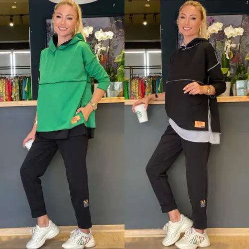 Women's Green Hooded Skirt Hem Detail Badge Two Piece Set - 4