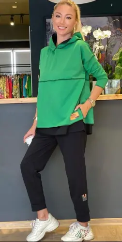 Women's Green Hooded Skirt Hem Detail Badge Two Piece Set - 5