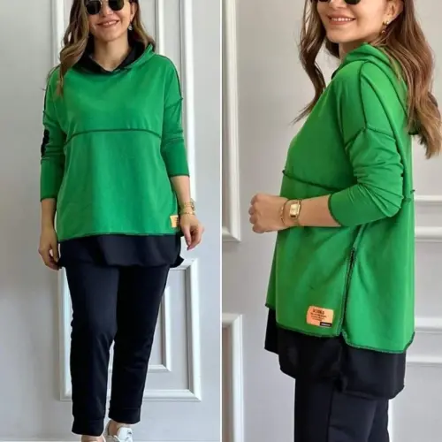 Women's Green Hooded Skirt Hem Detail Badge Two Piece Set - 8