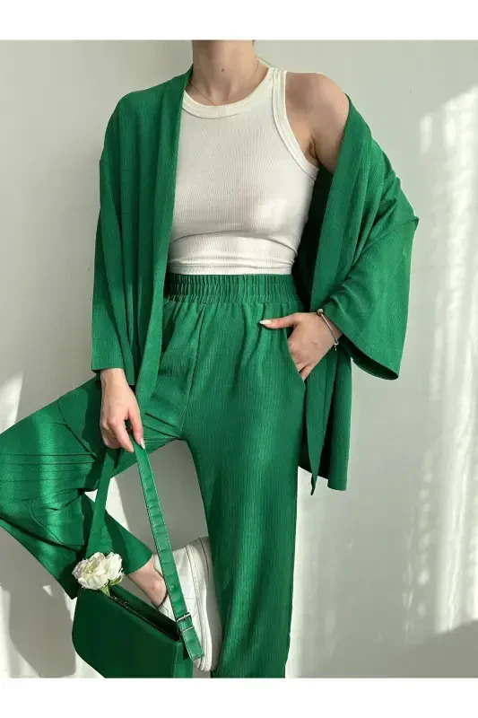 Women's Green Kimono Pants Knitwear Set-Green - 3