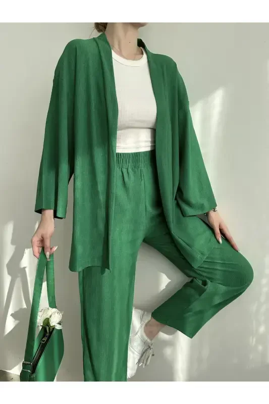 Women's Green Kimono Pants Knitwear Set-Green - 4
