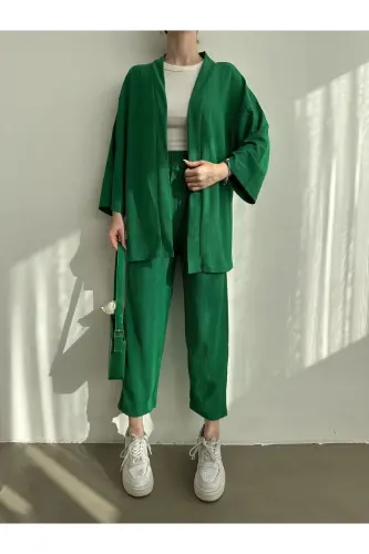 Women's Green Kimono Pants Knitwear Set-Green - 7