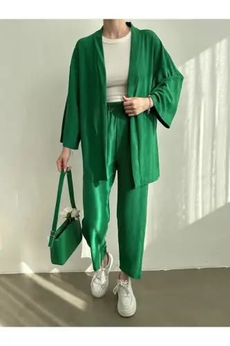 Women's Green Kimono Pants Knitwear Set-Green - 8