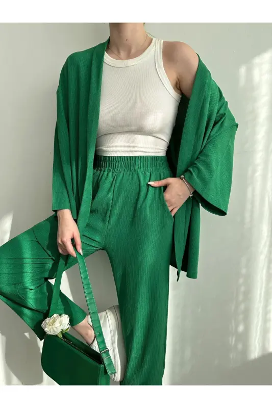Women's Green Kimono Pants Knitwear Set-Green - 4