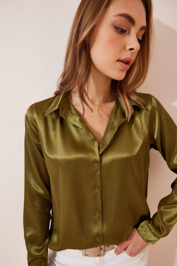 Women's Green Lightweight Flowy Satin Shirt DD00990 - 1