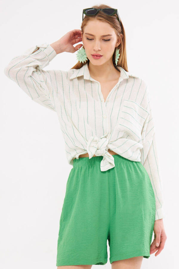 Women's Green Long-Sleeve Pocket Detailed Pleated Back Top - 1