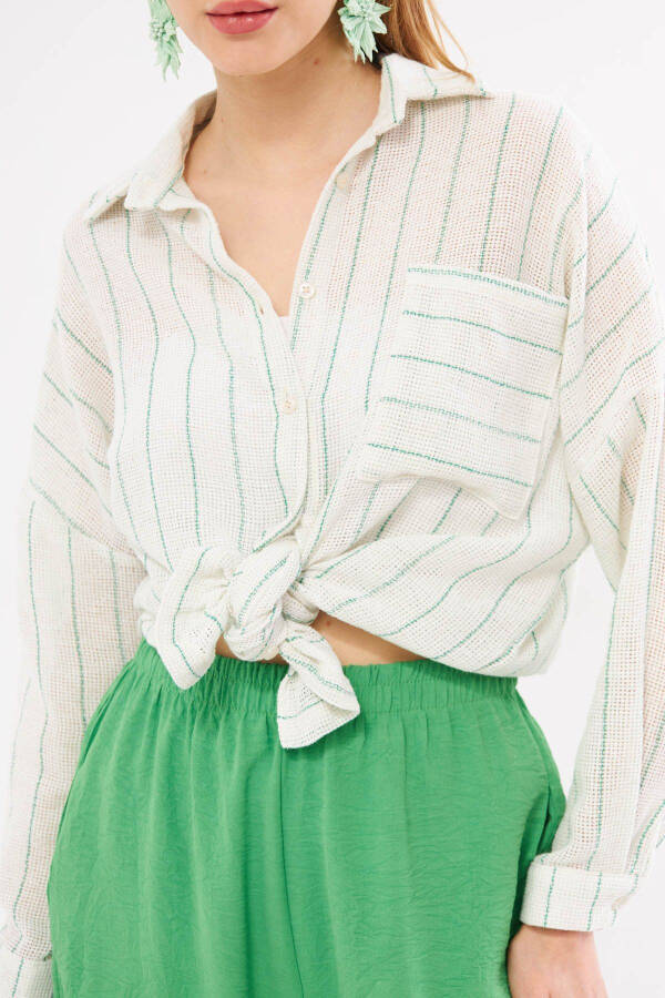 Women's Green Long-Sleeve Pocket Detailed Pleated Back Top - 3