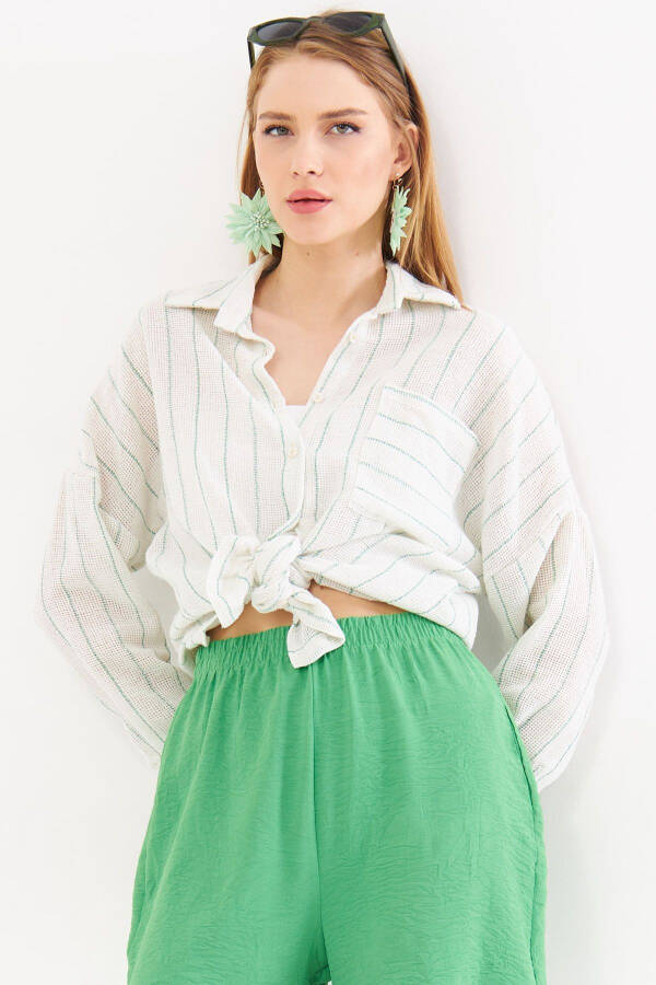 Women's Green Long-Sleeve Pocket Detailed Pleated Back Top - 4