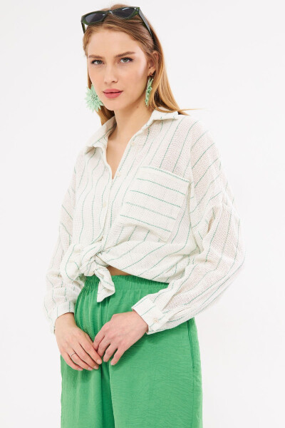 Women's Green Long-Sleeve Pocket Detailed Pleated Back Top - 5
