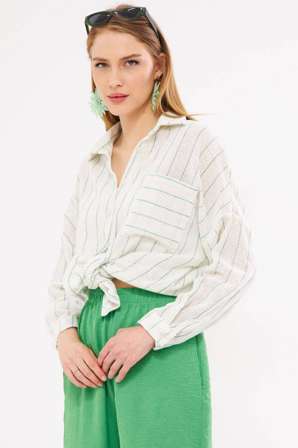 Women's Green Long-Sleeve Pocket Detailed Pleated Back Top - 5