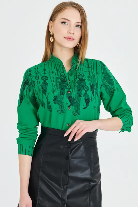 Women's Green Mandarin Collar Patterned Shirt ARM-25Y001013-Green - 1