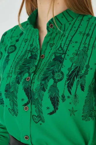 Women's Green Mandarin Collar Patterned Shirt ARM-25Y001013-Green - ARMONIKA (1)