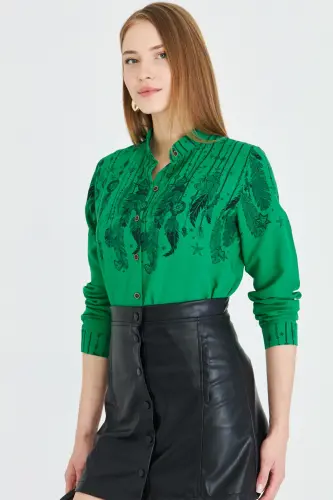 Women's Green Mandarin Collar Patterned Shirt ARM-25Y001013-Green - 3