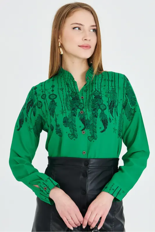 Women's Green Mandarin Collar Patterned Shirt ARM-25Y001013-Green - 4