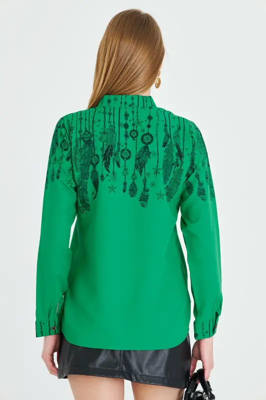 Women's Green Mandarin Collar Patterned Shirt ARM-25Y001013-Green - 5
