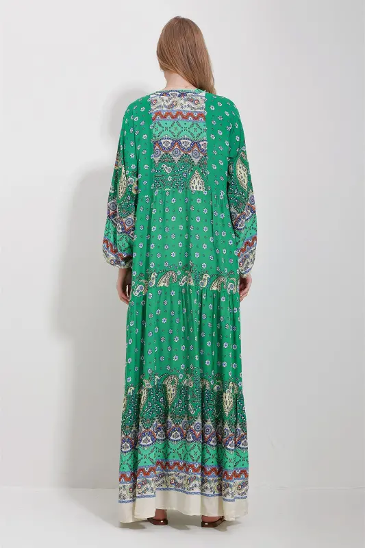 Women's Green Mandarin Collar Shawl Pattern Maxi Dress ALC-X11593 - 2