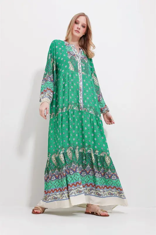 Women's Green Mandarin Collar Shawl Pattern Maxi Dress ALC-X11593 - 3