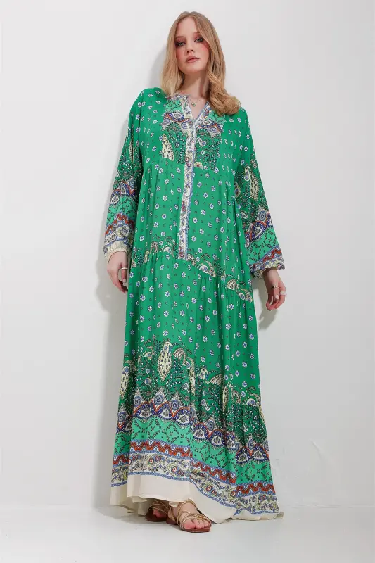 Women's Green Mandarin Collar Shawl Pattern Maxi Dress ALC-X11593 - 4