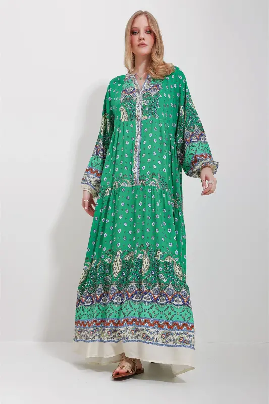 Women's Green Mandarin Collar Shawl Pattern Maxi Dress ALC-X11593 - 6