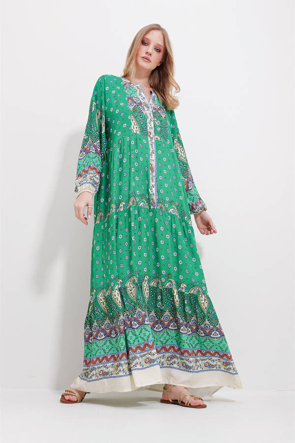Women's Green Mandarin Collar Shawl Pattern Maxi Dress ALC-X11593 - 1