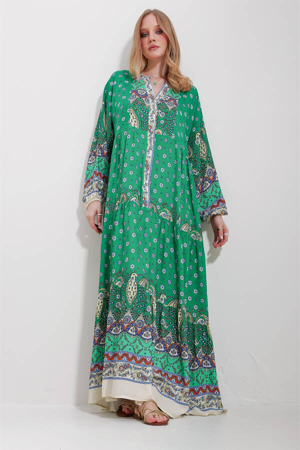 Women's Green Mandarin Collar Shawl Pattern Maxi Dress ALC-X11593 - 2