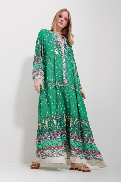 Women's Green Mandarin Collar Shawl Pattern Maxi Dress ALC-X11593 - 3