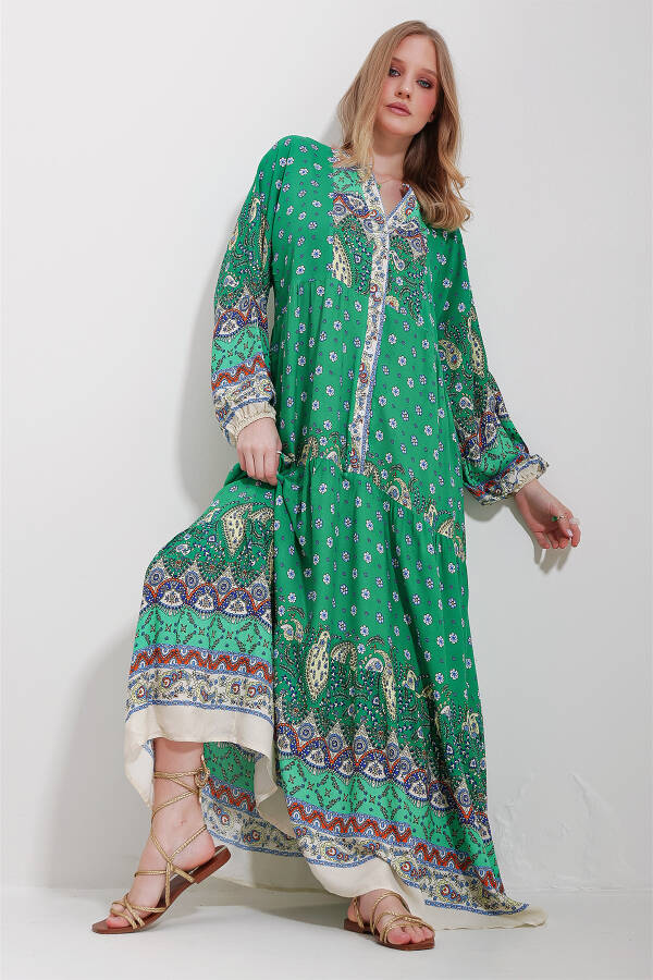 Women's Green Mandarin Collar Shawl Pattern Maxi Dress ALC-X11593 - 5