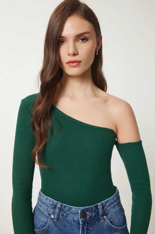 Women's Green Off-Shoulder Ribbed Knit Blouse TG00011-Green - 2