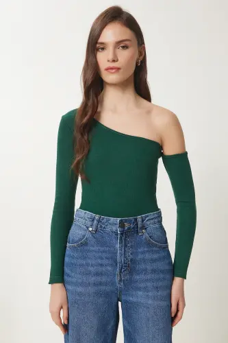 Women's Green Off-Shoulder Ribbed Knit Blouse TG00011-Green - 4