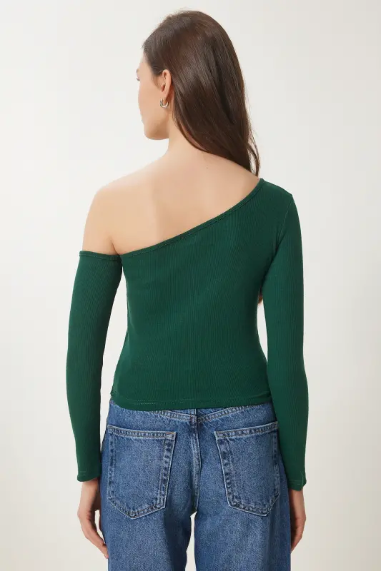 Women's Green Off-Shoulder Ribbed Knit Blouse TG00011-Green - 7