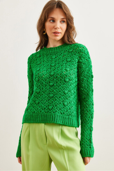 Women's Green Openwork Bobble Textured Soft Knit Sweater KZK-19000935 